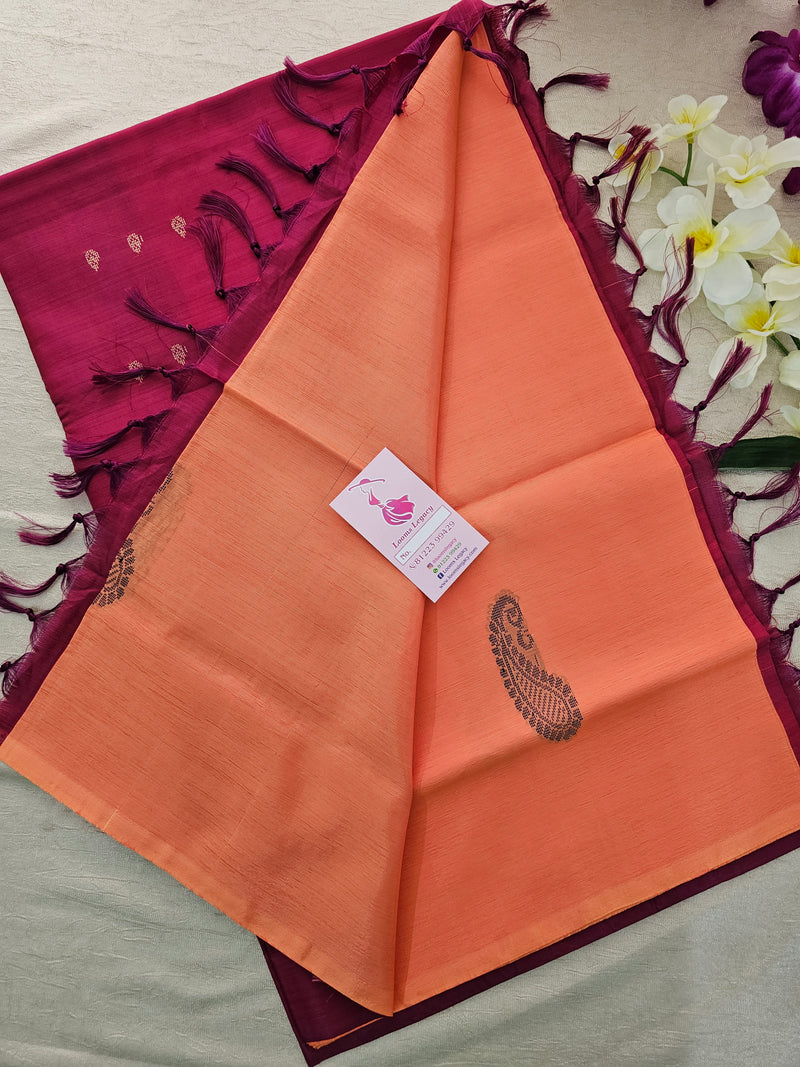 Peach with Magenta Pink Pallu Handwoven Chinnalampattu Saree