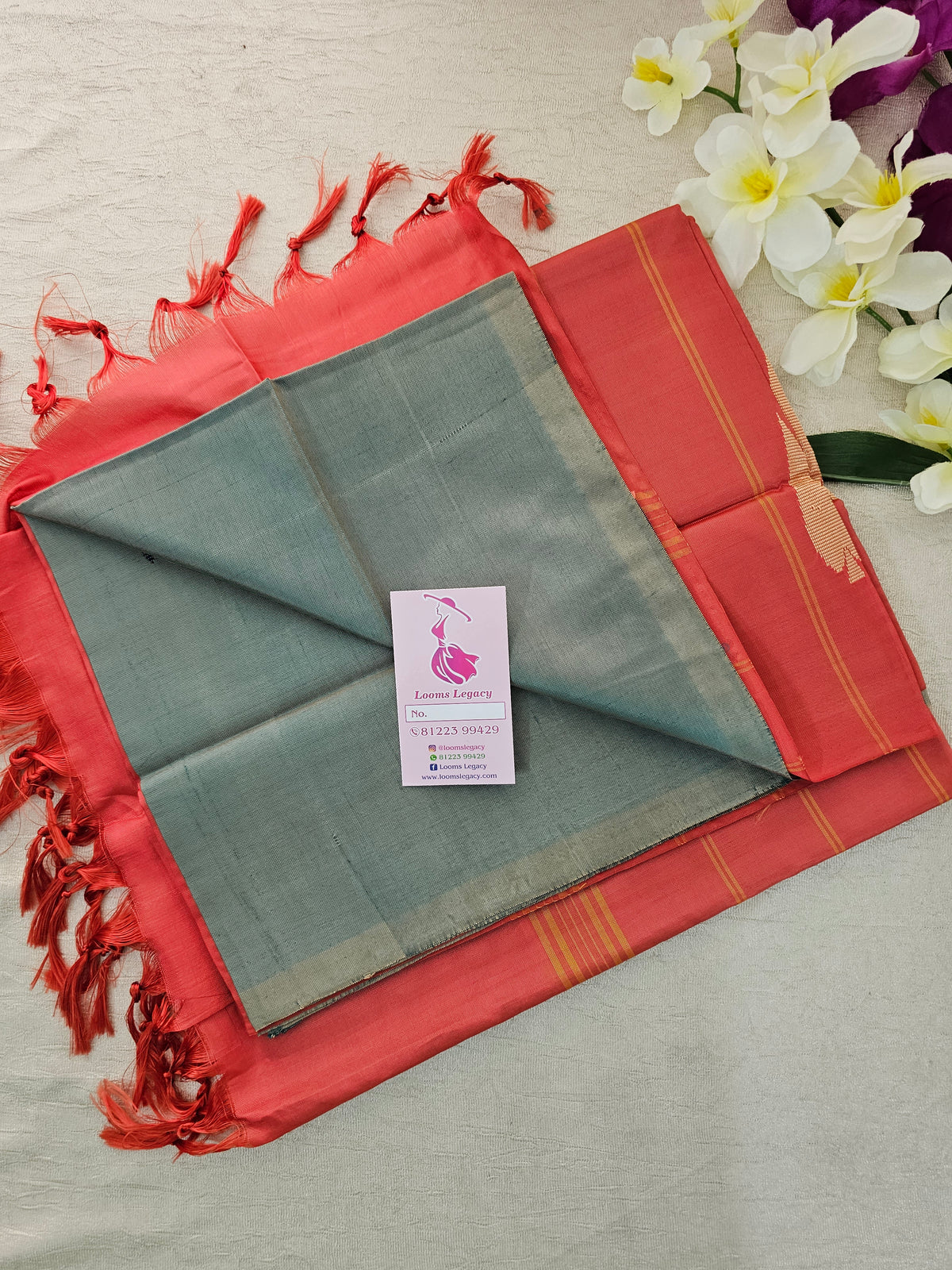 Dual Shade Green with Reddish Orange Pallu Handwoven Chinnalampattu Saree