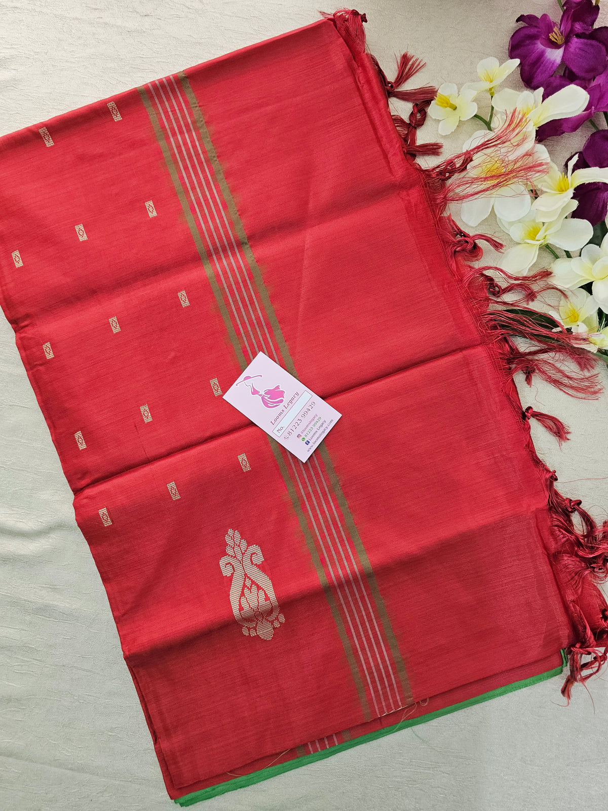 Green with Red Pallu Handwoven Chinnalampattu Saree