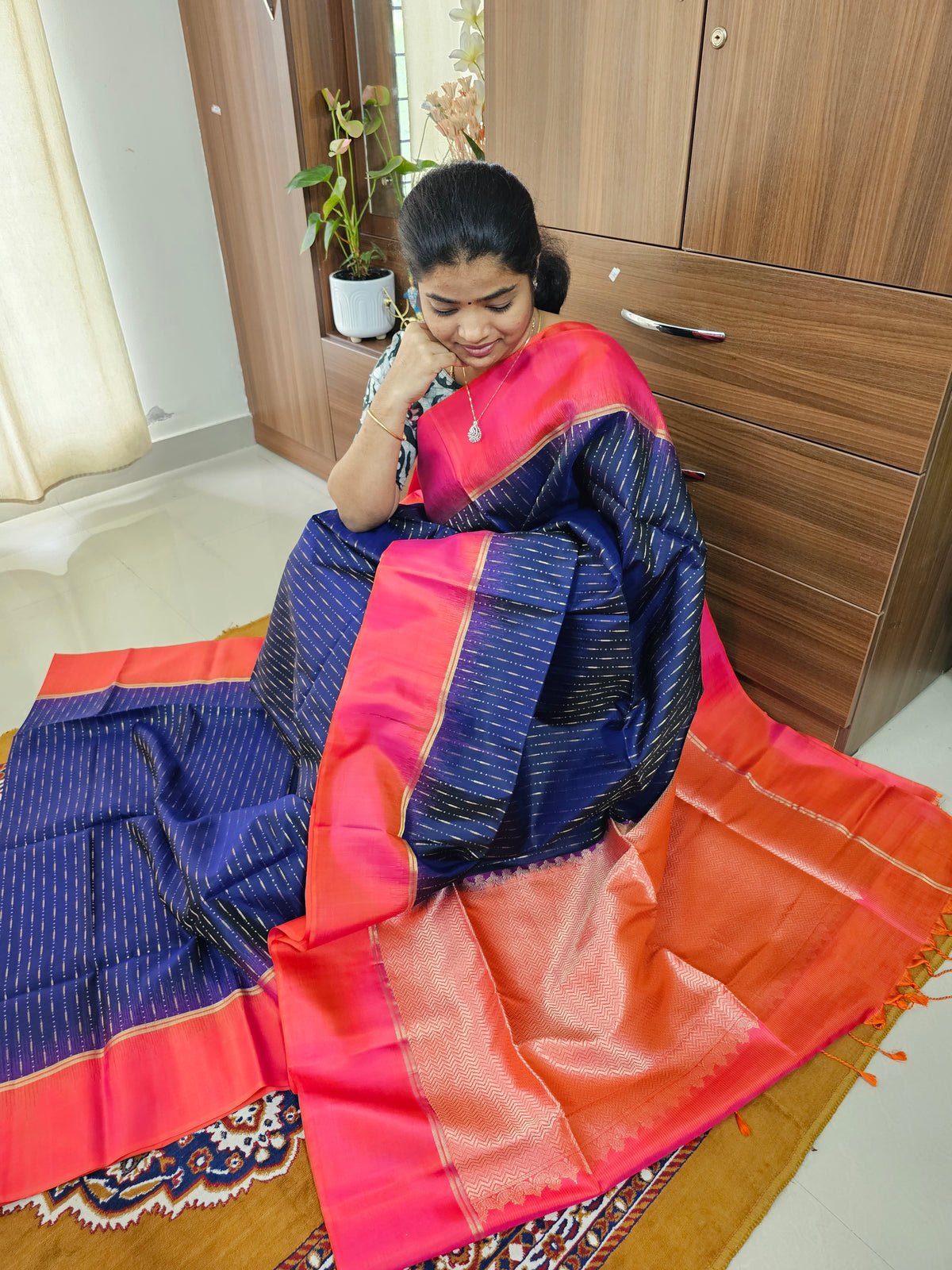 Handloom Pure Kanchi Silk Sarees - Blue with Reddish Orange