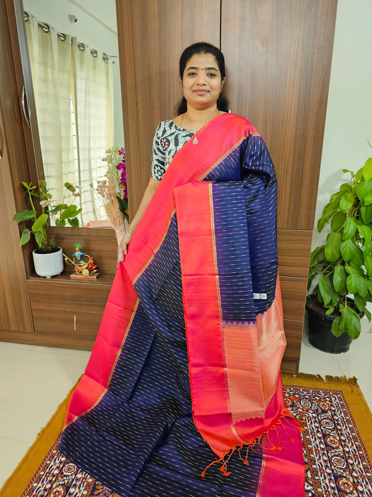 Handloom Pure Kanchi Silk Sarees - Blue with Reddish Orange