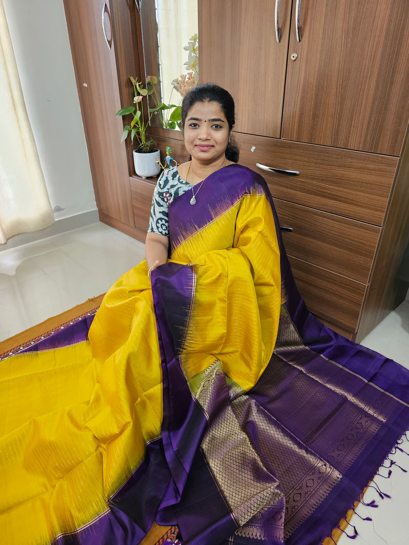 Handloom Pure Kanchi Silk Sarees - Yellow with Purple