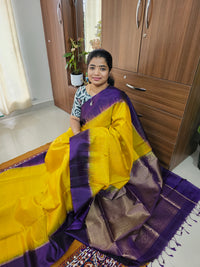 Handloom Pure Kanchi Silk Sarees - Yellow with Purple