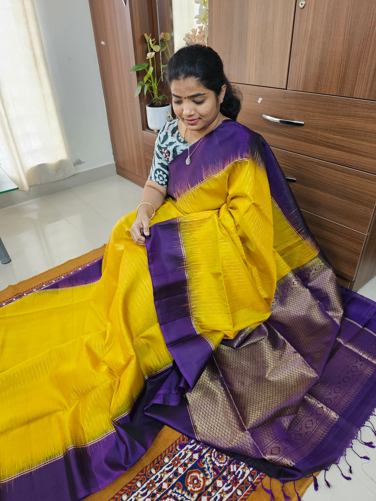 Handloom Pure Kanchi Silk Sarees - Yellow with Purple