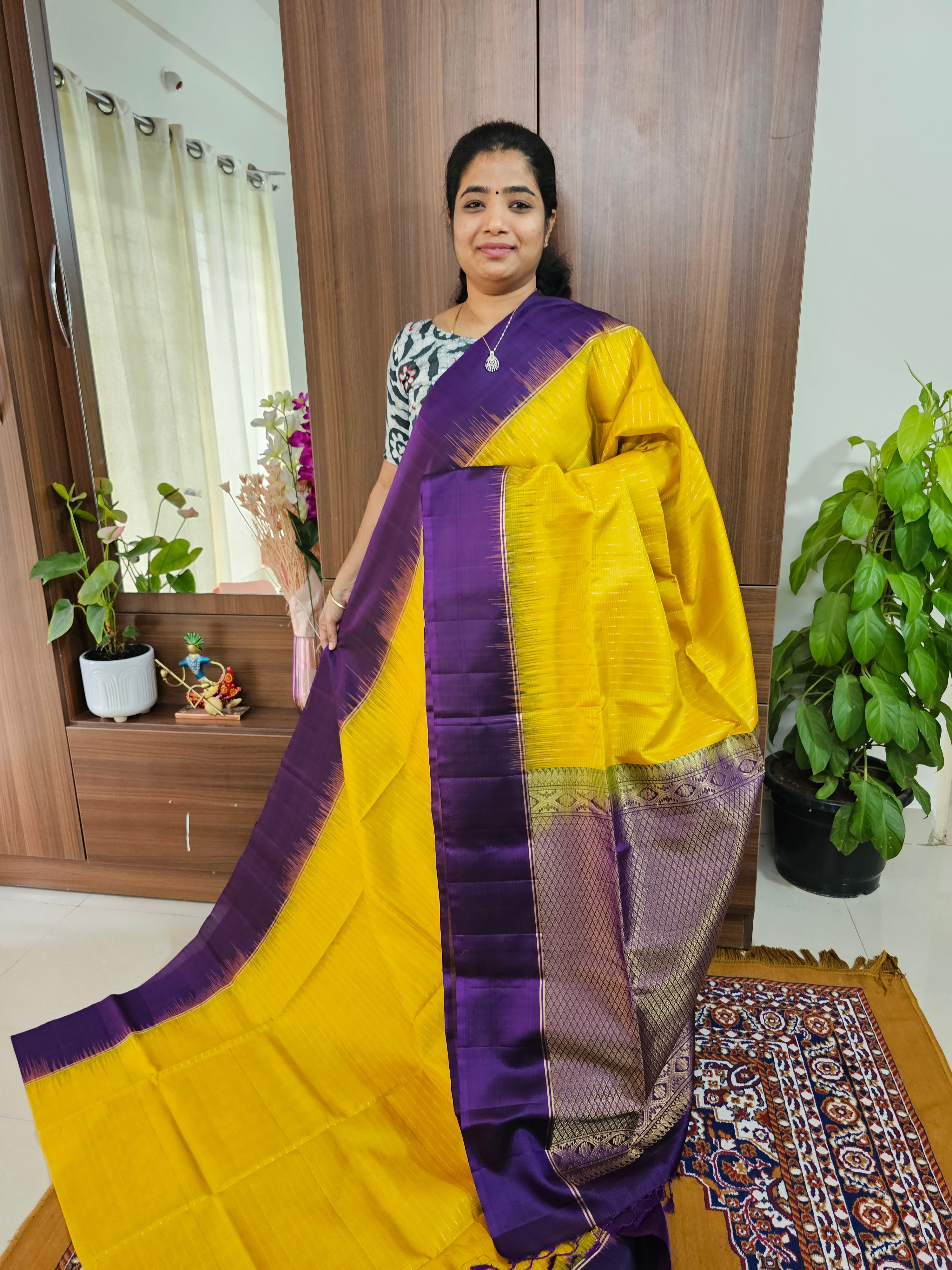 Purple Muggu design meenakari gadwal silk saree with two tone border /