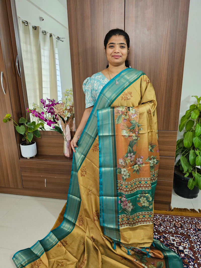 Semi Gadwal Silk Sarees with Digital Prints - Dual Shade Green cum Green with Sea Green