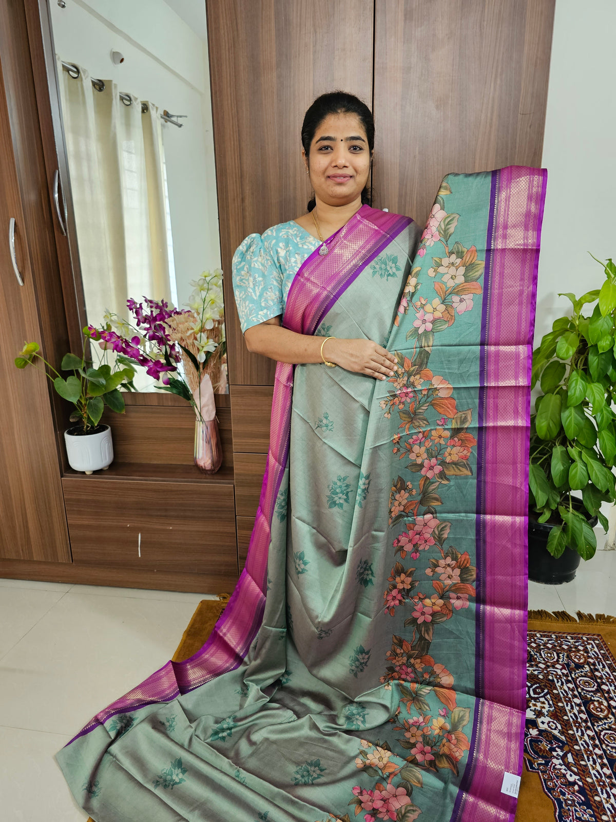 Semi Gadwal Silk Sarees with Digital Prints - Blue with Purple