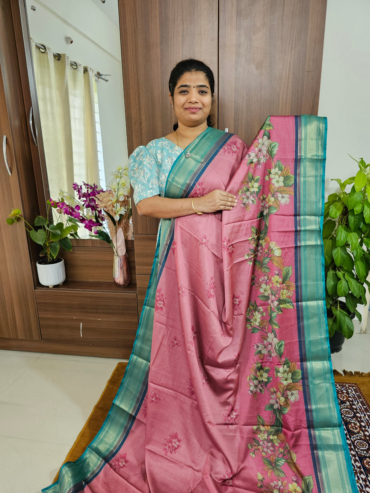 Semi Gadwal Silk Sarees with Digital Prints - Pink with Sea Green