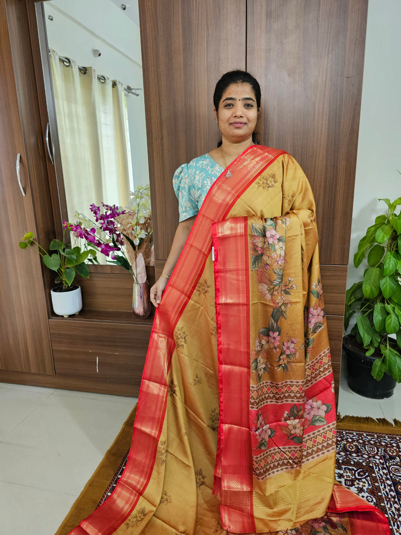 Semi Gadwal Silk Sarees with Digital Prints - Mustard Yellow with Red