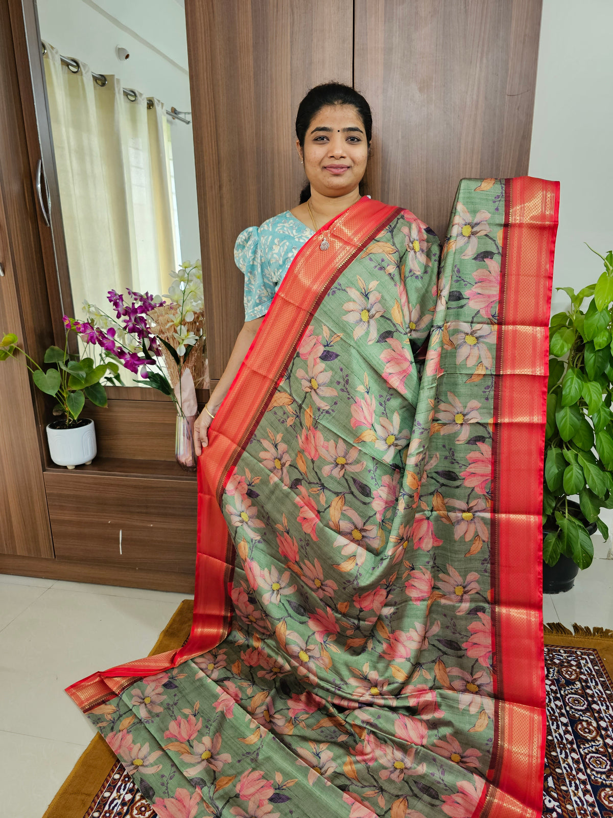 Semi Gadwal Silk Sarees with Digital Prints - Green with Red