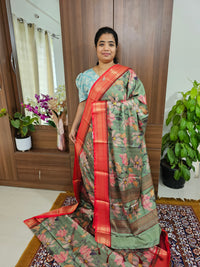 Semi Gadwal Silk Sarees with Digital Prints - Green with Red