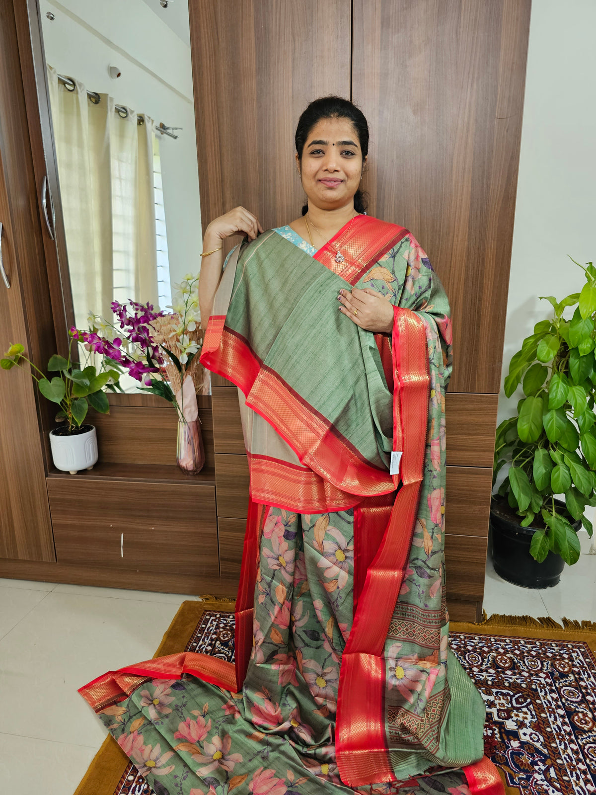 Semi Gadwal Silk Sarees with Digital Prints - Green with Red