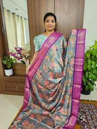 Semi Gadwal Silk Sarees with Digital Prints - Blueish Grey with Purple