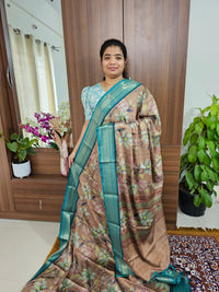 Semi Gadwal Silk Sarees with Digital Prints - Brown with Sea Green