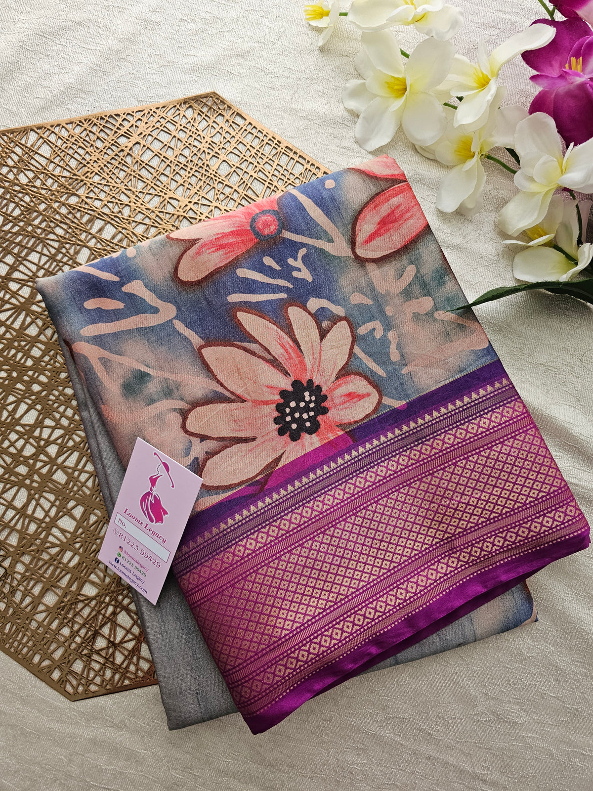 Semi Gadwal Silk Sarees with Digital Prints - Blue cum Grey with Purple