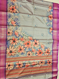 Semi Gadwal Silk Sarees with Digital Prints - Blue cum Grey with Purple