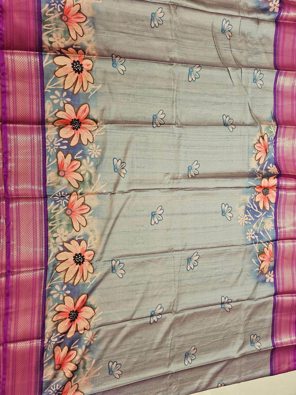 Semi Gadwal Silk Sarees with Digital Prints - Blue cum Grey with Purple