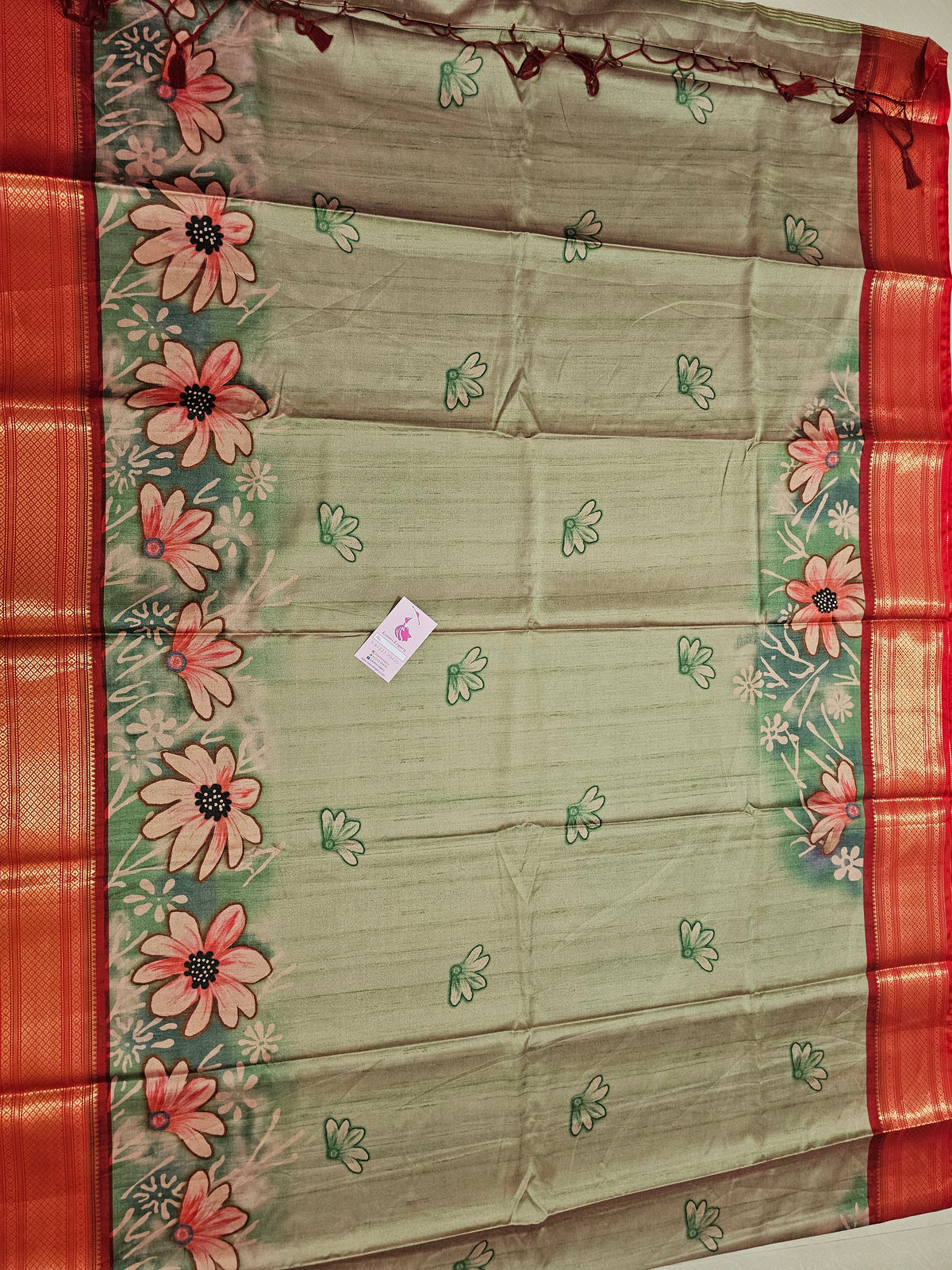 Semi Gadwal Silk Sarees with Digital Prints - Green with Red