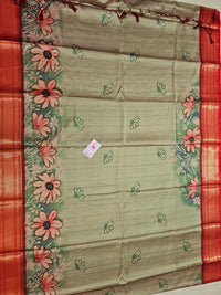 Semi Gadwal Silk Sarees with Digital Prints - Green with Red