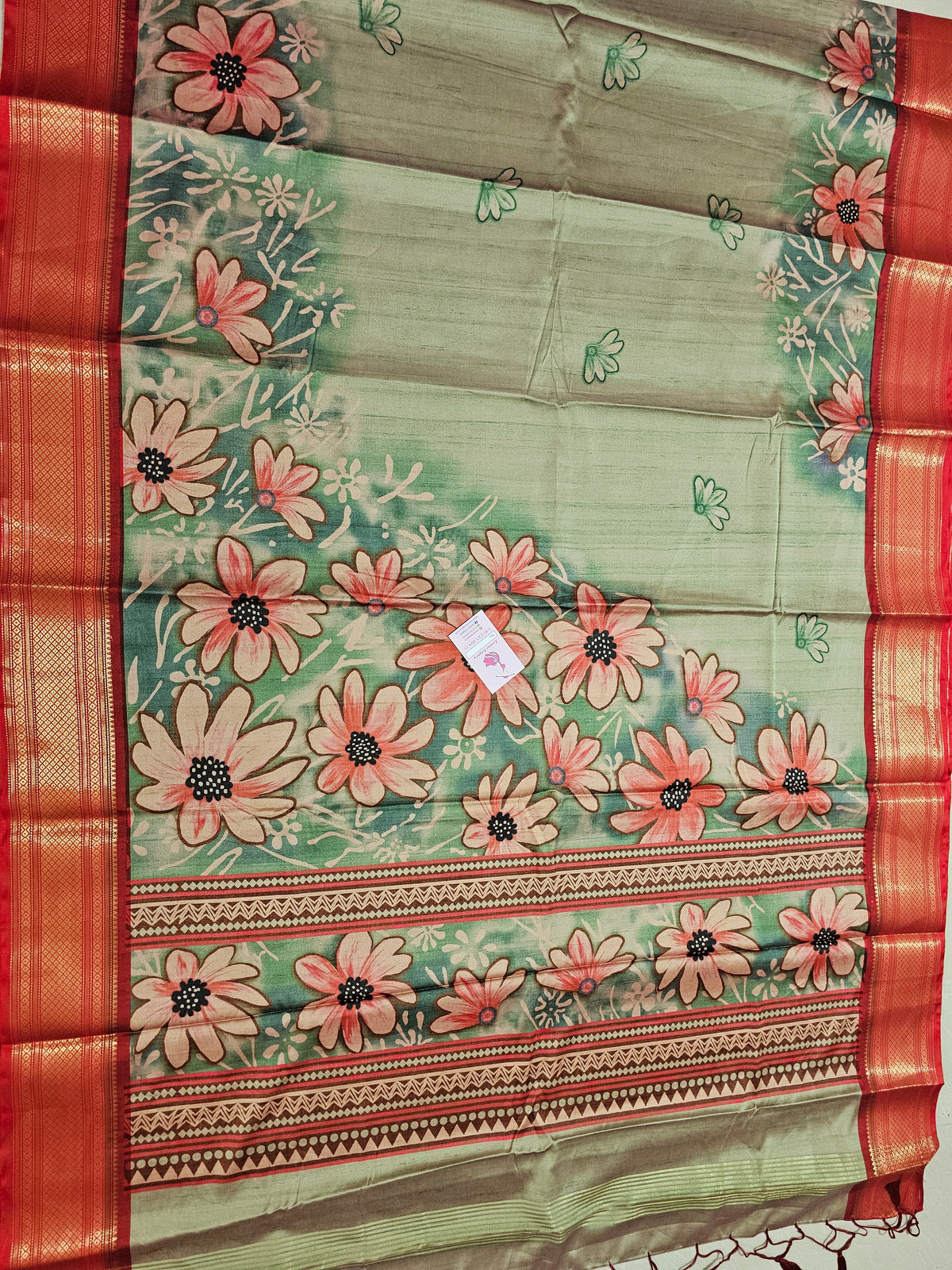 Semi Gadwal Silk Sarees with Digital Prints - Green with Red