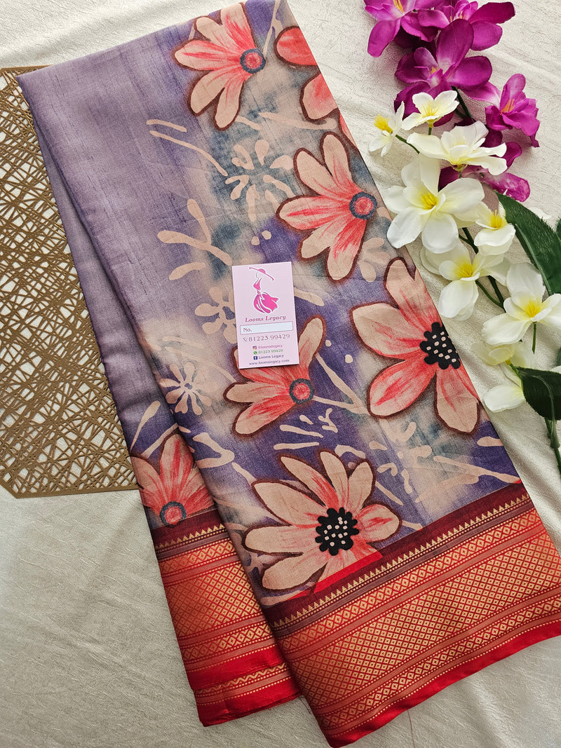 Semi Gadwal Silk Sarees with Digital Prints - Violet with Red