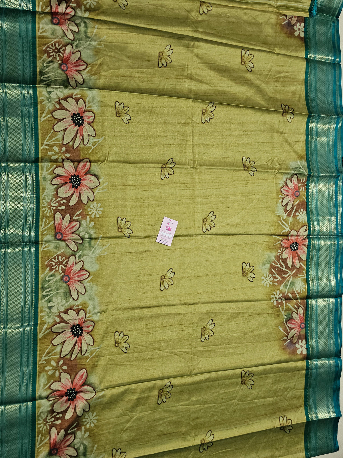 Semi Gadwal Silk Sarees with Digital Prints - Green with Sea Green