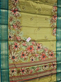 Semi Gadwal Silk Sarees with Digital Prints - Green with Sea Green