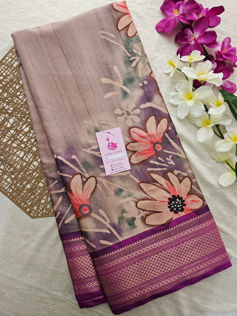 Semi Gadwal Silk Sarees with Digital Prints - Dark Beige with Purple