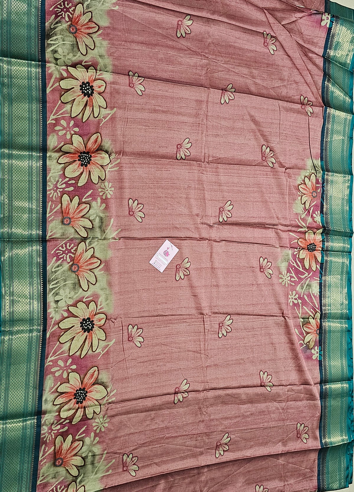 Semi Gadwal Silk Sarees with Digital Prints - Pink with Sea Green