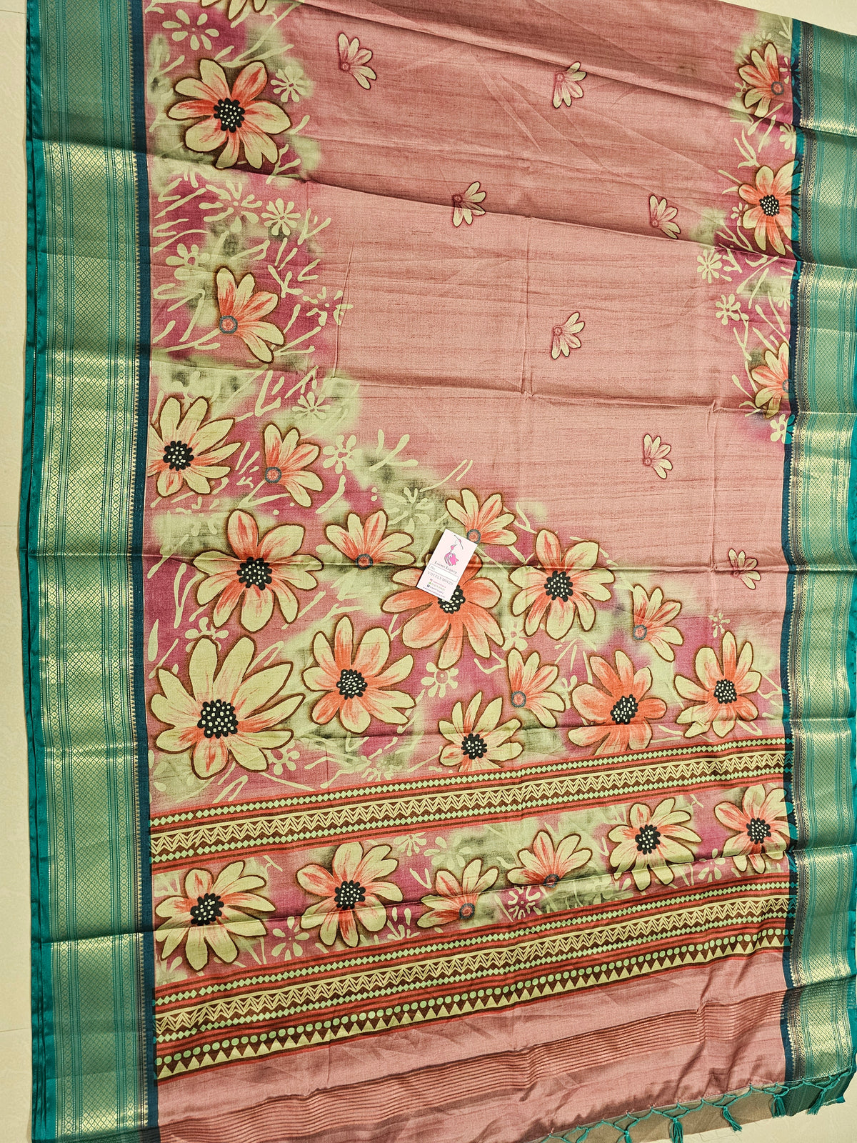 Semi Gadwal Silk Sarees with Digital Prints - Pink with Sea Green