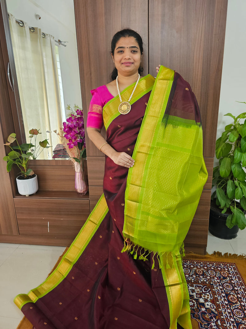 Maroon with Parrot Green Handloom Kanchi Silk Cotton