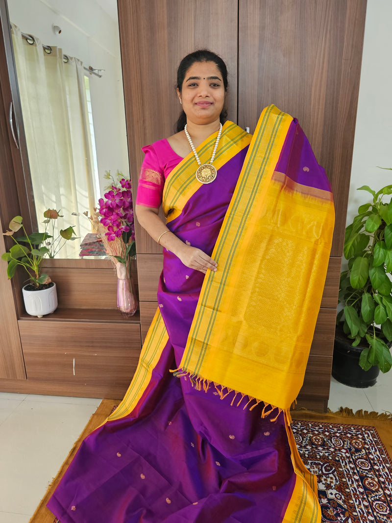 Purple with Yellow Handloom Kanchi Silk Cotton