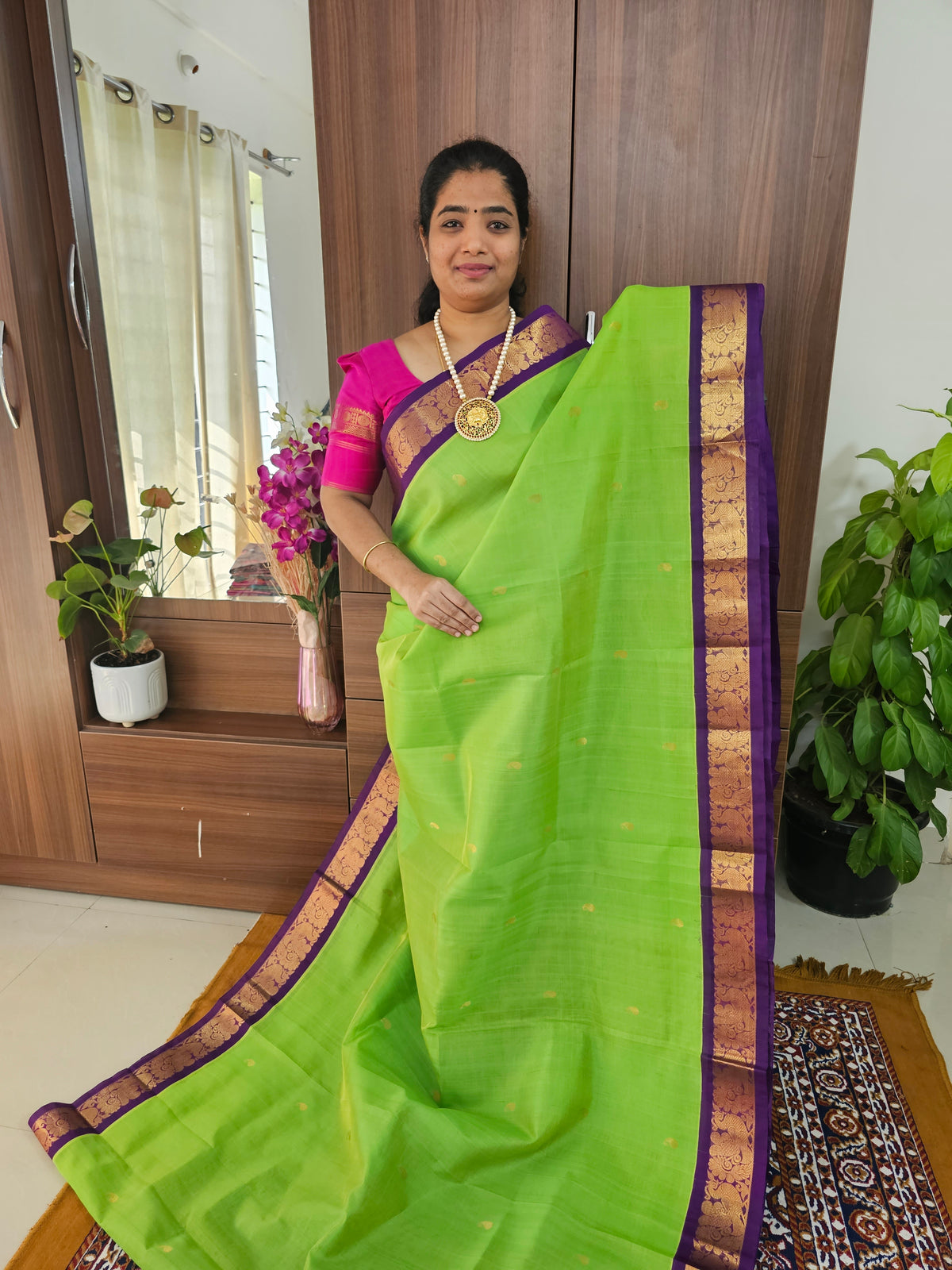 Parrot Green with Purple  Handloom Kanchi Silk Cotton