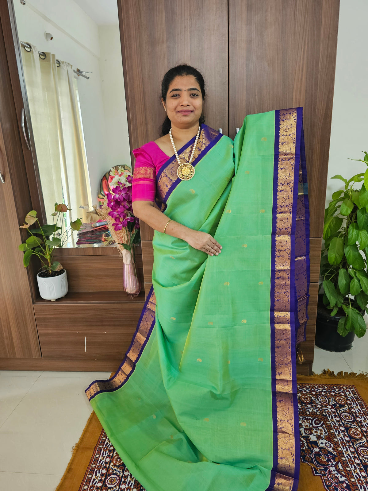 Sea Geeen with Violet Handloom Kanchi Silk Cotton