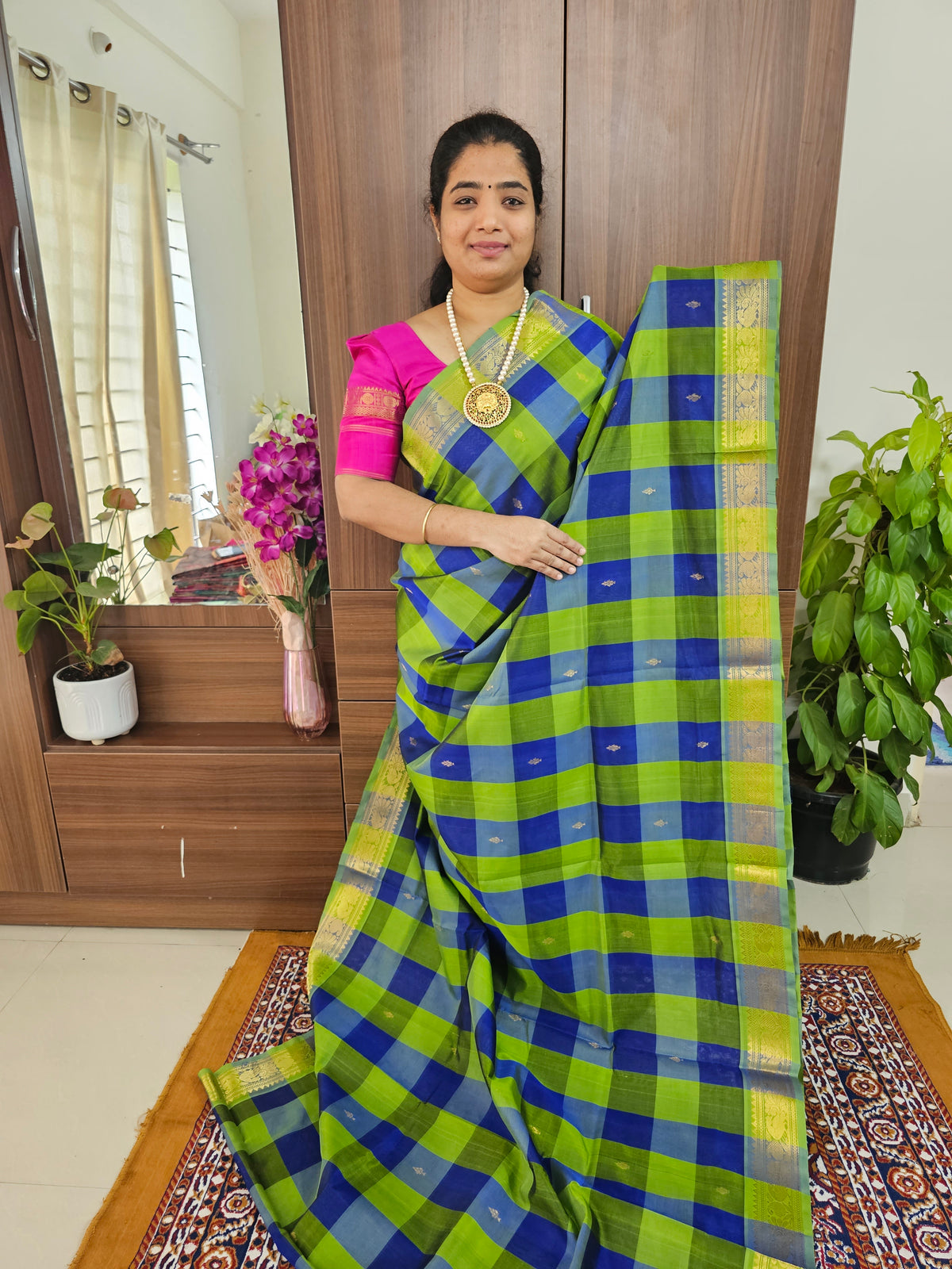 Parrot Green with Blue Checks Handloom Kanchi Silk Cotton