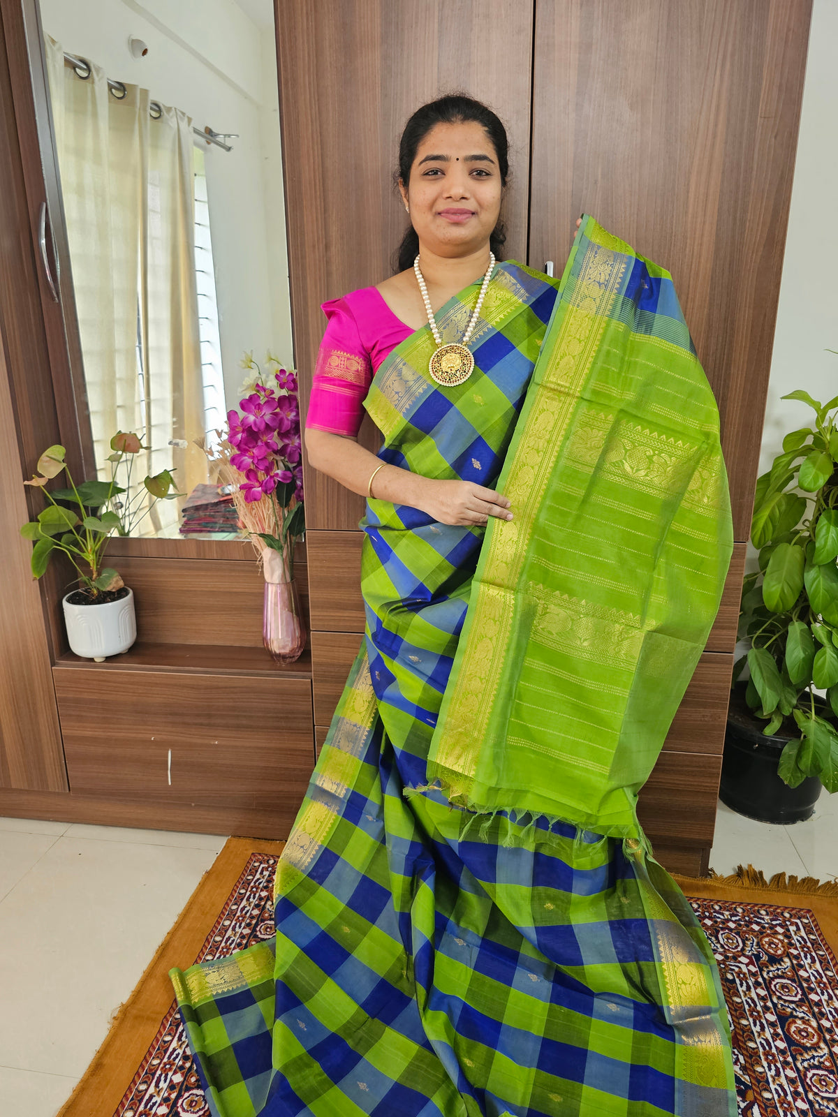 Parrot Green with Blue Checks Handloom Kanchi Silk Cotton