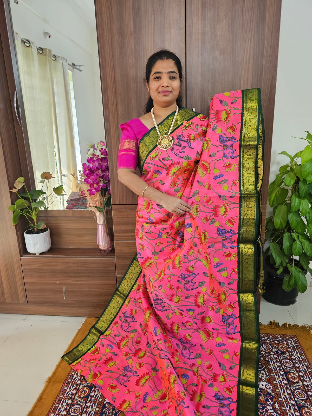 Deep Pink with Bottle Green Handloom Korvai Kalamkari Printed Kanchi Silk Cotton