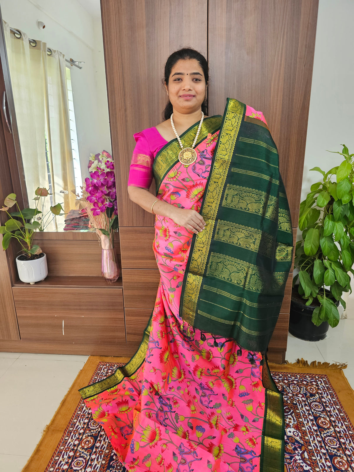 Deep Pink with Bottle Green Handloom Korvai Kalamkari Printed Kanchi Silk Cotton