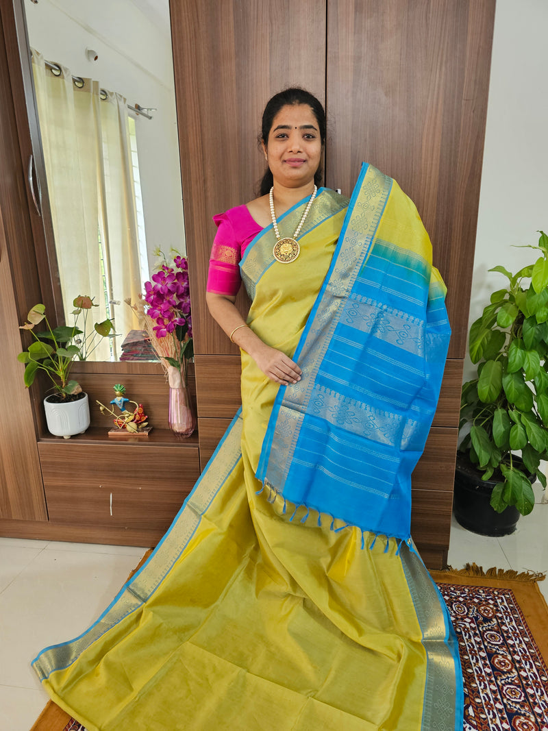 Dual Shade Green cum Yellow with Sky Blue Pallu Handloom Kanchi Silk Cotton