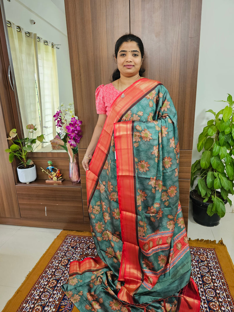 Semi Gadwal Silk Sarees with Digital Prints - Dark Sea Green with Red