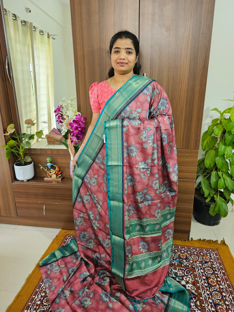 Semi Gadwal Silk Sarees with Digital Prints - Pink with Sea Green