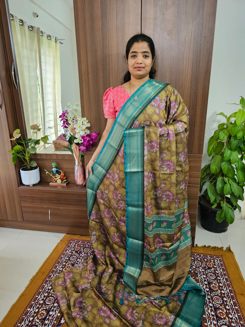 Semi Gadwal Silk Sarees with Digital Prints -  Mehndi Green with Sea Green