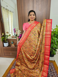 Semi Gadwal Silk Sarees with Digital Prints - Mustard Yellow with Red