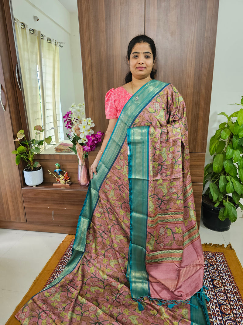 Semi Gadwal Silk Sarees with Digital Prints - Pink with Sea Green