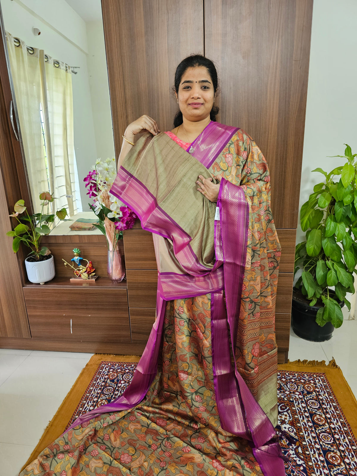 Semi Gadwal Silk Sarees with Digital Prints - Dual Shade Green with Purple