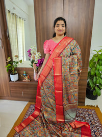 Semi Gadwal Silk Sarees with Digital Prints - Sea Green with Red