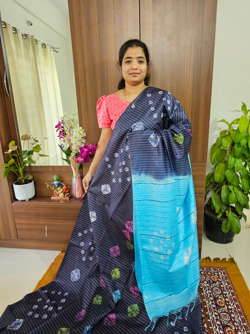 Bhagalpuri Silk Viscous Sarees with Batik Pattern - Navy Blue with Sky Blue
