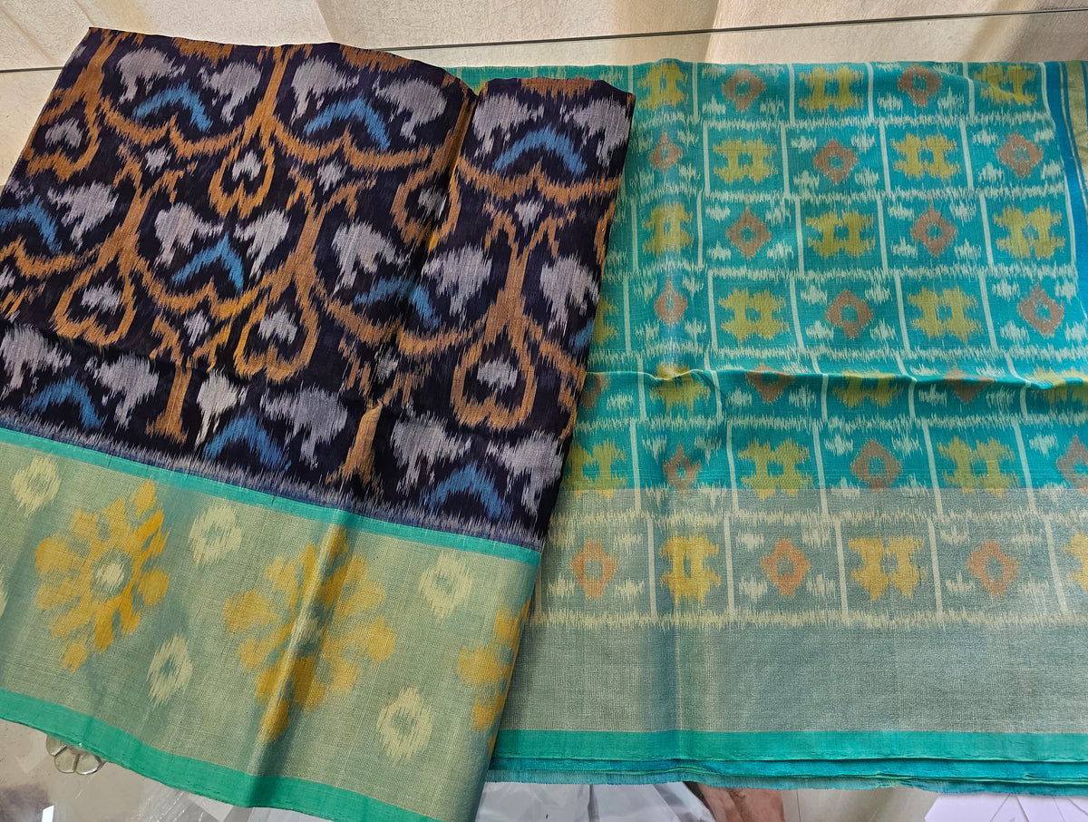 Dark Blue with Sky Blue  Pochampally Ikkat Silk Cotton (SICO Pattu)