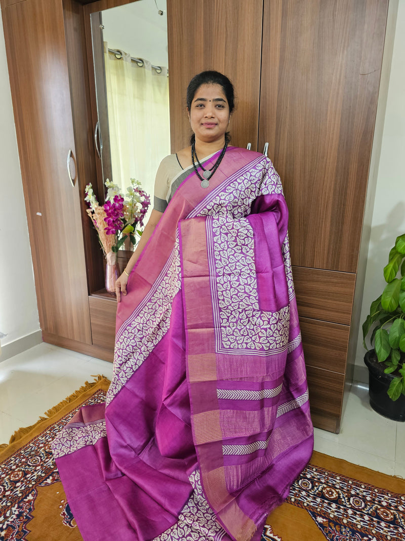 Monochrome Purple Handwoven Tussar Silk Saree with Zari Border