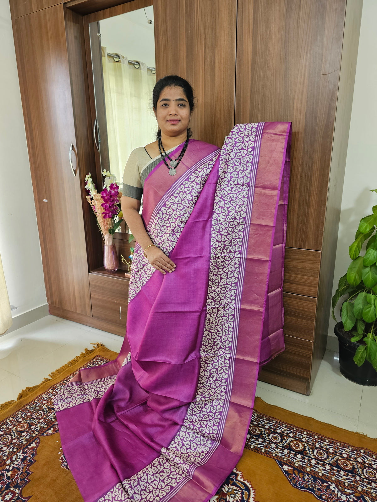 Monochrome Purple Handwoven Tussar Silk Saree with Zari Border